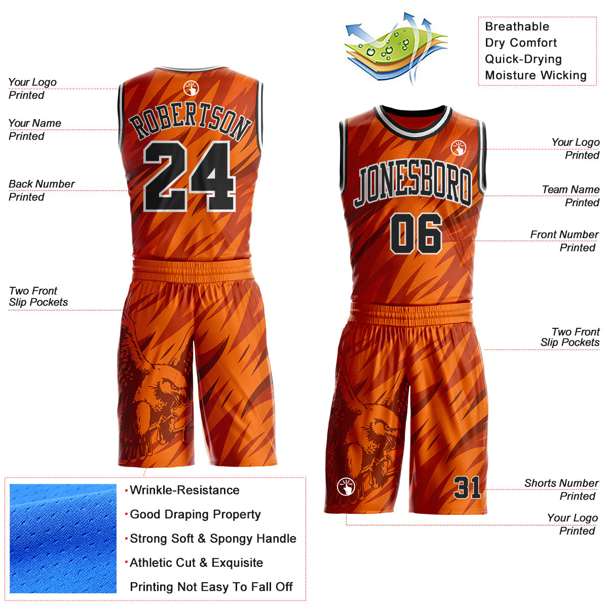 Custom Orange Black-White Eagle Wing Boho Style Round Neck Sublimation Basketball Uniform Jersey view 2