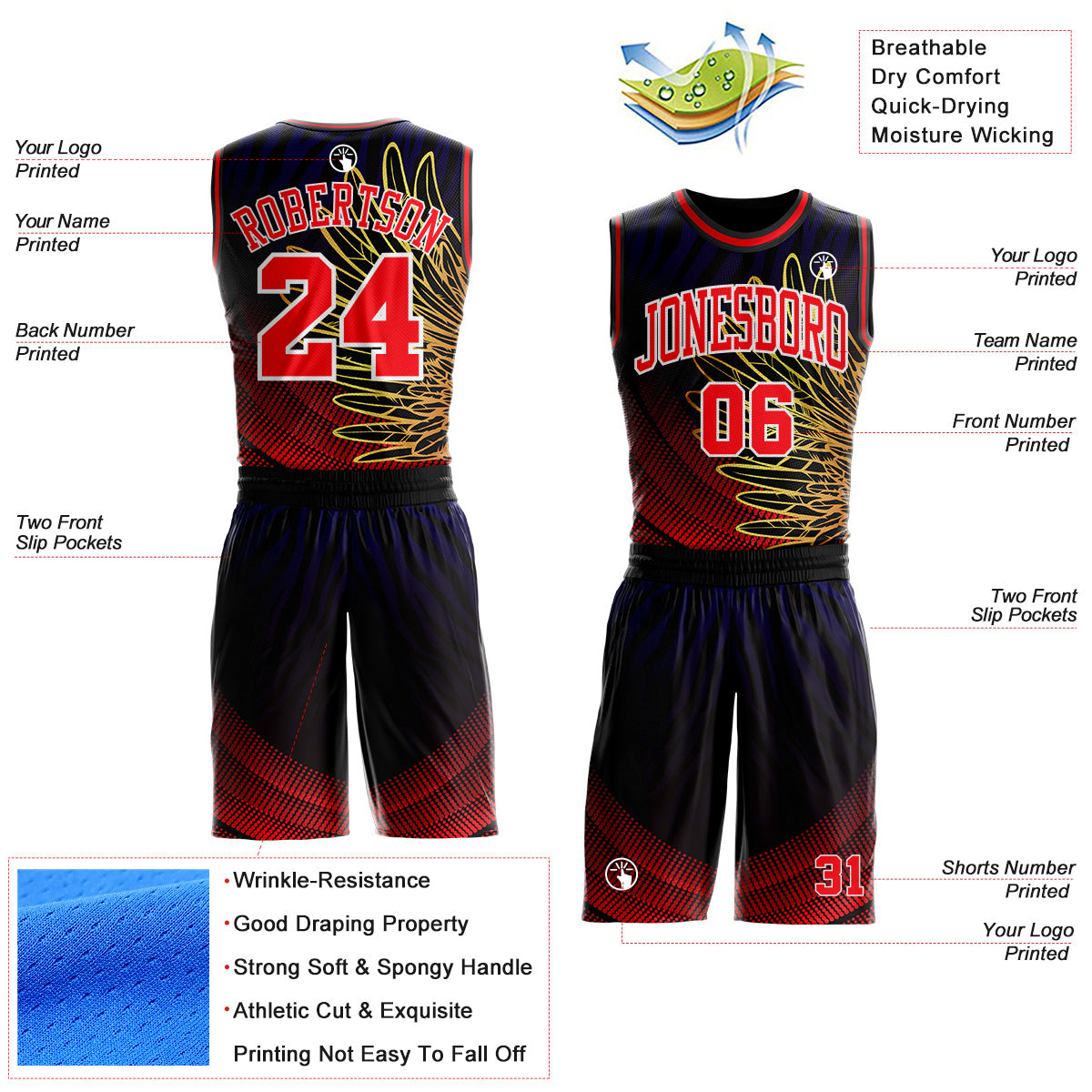 Custom Black Red Yellow Blue-White Wing Gradient Boho Style Round Neck Sublimation Basketball Uniform Jersey view 2