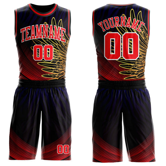Custom Black Red Yellow Blue-White Wing Gradient Boho Style Round Neck Sublimation Basketball Uniform Jersey - Main View