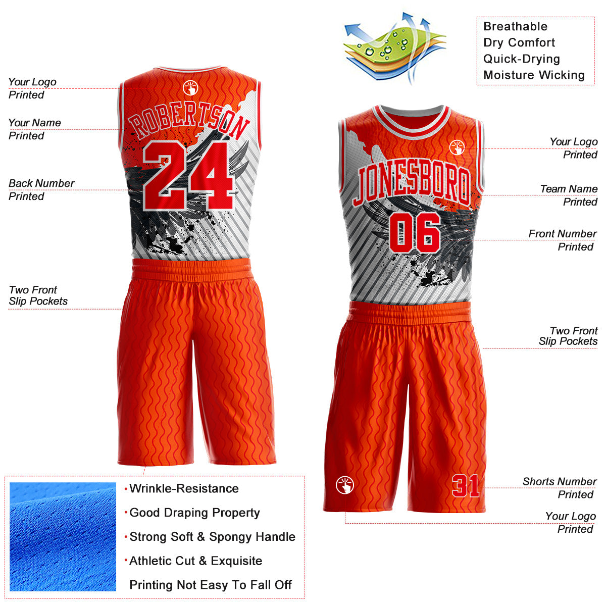 Custom Orange Fire Red Gray-White Wing Splash Ink Wave Boho Style Round Neck Sublimation Basketball Uniform Jersey view 2