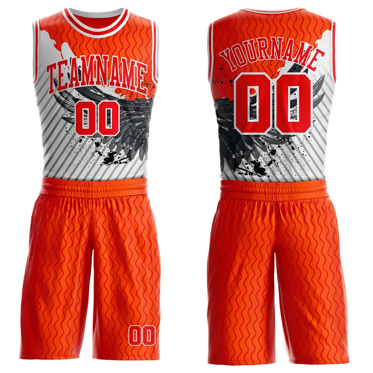 Custom Orange Fire Red Gray-White Wing Splash Ink Wave Boho Style Round Neck Sublimation Basketball Uniform Jersey - Main View