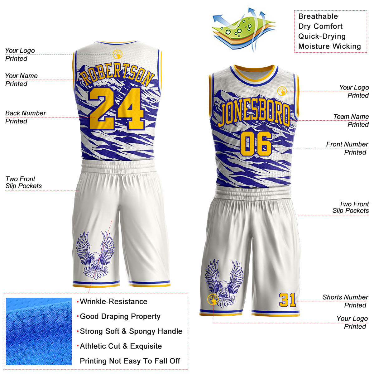 Custom White Yellow-Blue Mountain Eagle Wing Boho Style Round Neck Sublimation Basketball Uniform Jersey view 2