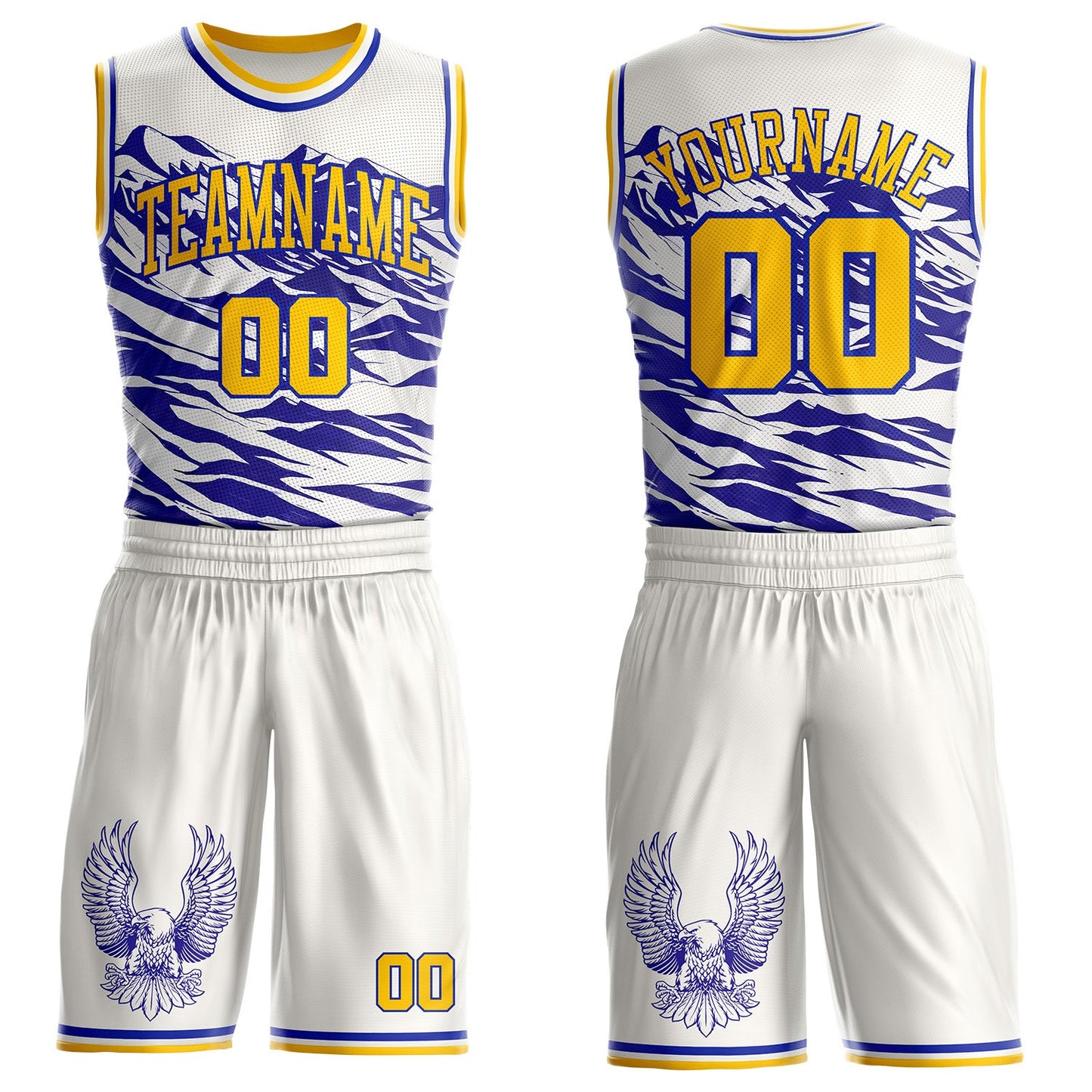 Custom White Yellow-Blue Mountain Eagle Wing Boho Style Round Neck Sublimation Basketball Uniform Jersey - Main View