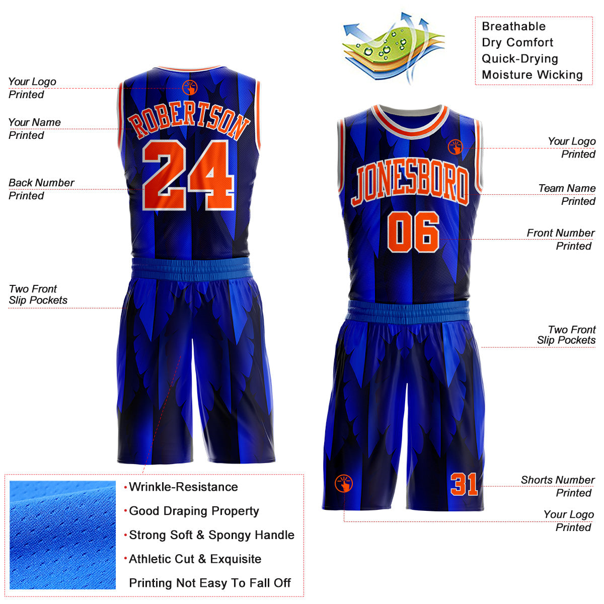 Custom Blue Orange-White Feather Boho Style Round Neck Sublimation Basketball Uniform Jersey view 2