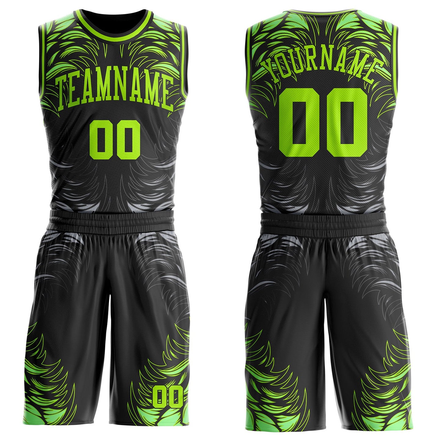 Custom Black Neon Green-Gray Feather Wing Boho Style Round Neck Sublimation Basketball Uniform Jersey - Main View