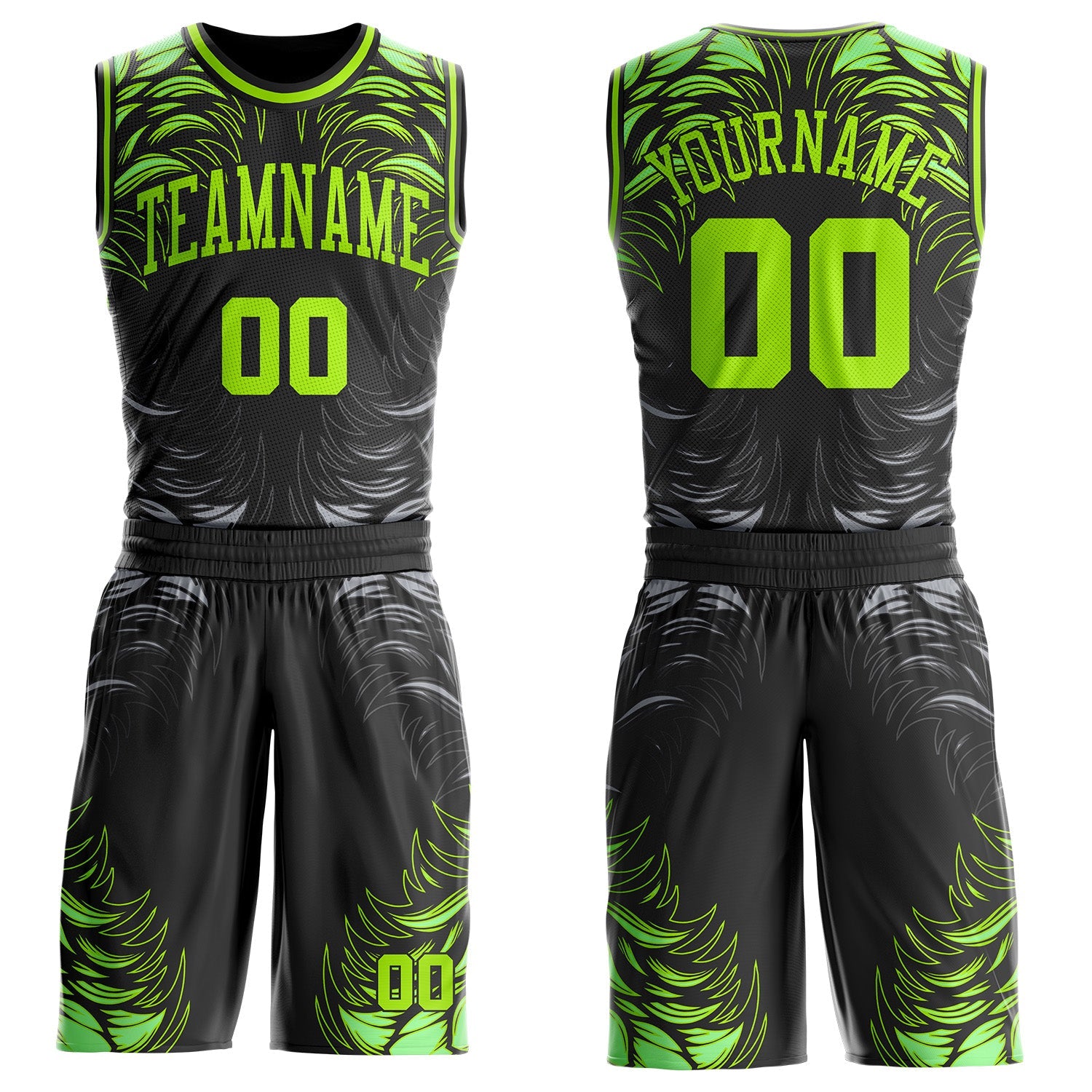 Custom Black Neon Green-Gray Feather Wing Boho Style Round Neck Sublimation Basketball Uniform Jersey - Main View