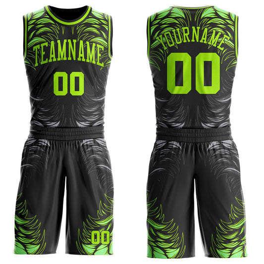 Custom Black Neon Green-Gray Feather Wing Boho Style Round Neck Sublimation Basketball Uniform Jersey - Main View