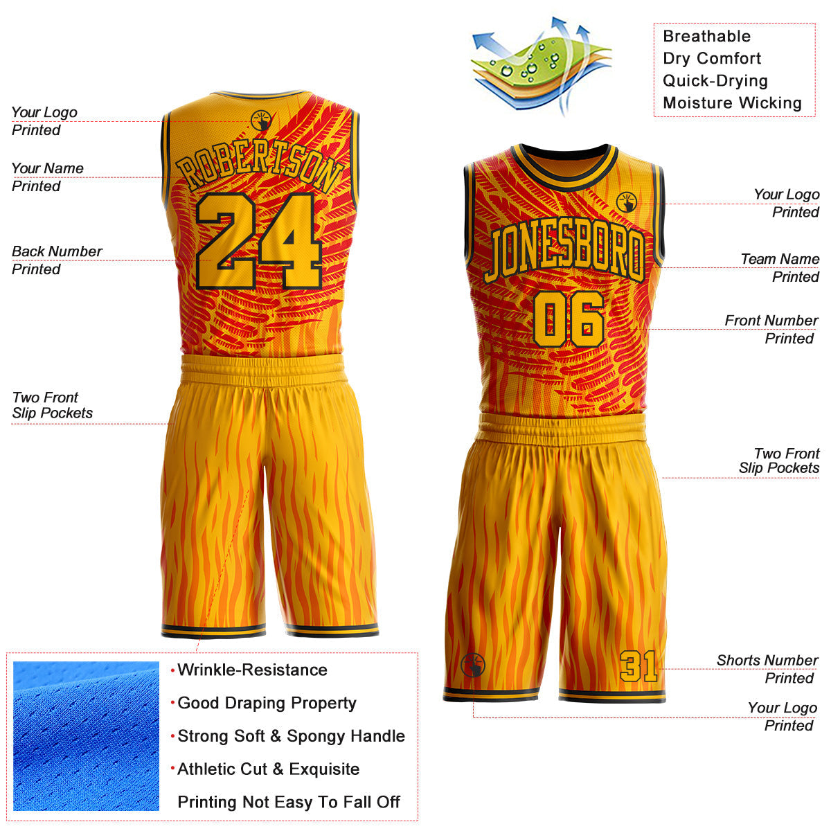 Custom Gold Red-Black Fire Wing Boho Style Round Neck Sublimation Basketball Uniform Jersey view 2