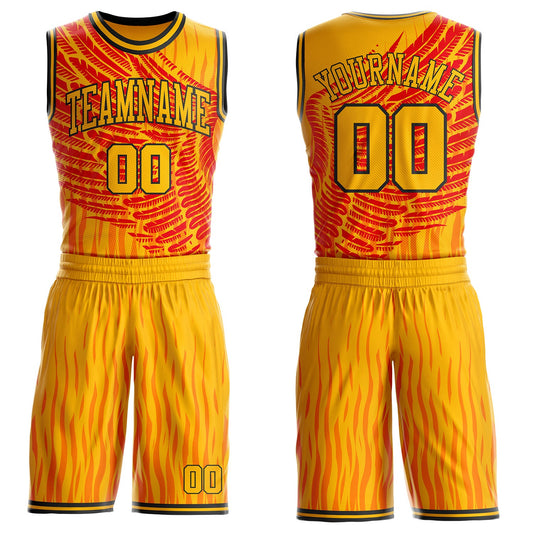 Custom Gold Red-Black Fire Wing Boho Style Round Neck Sublimation Basketball Uniform Jersey - Main View