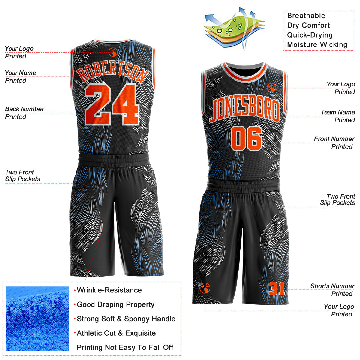 Custom Black Orange-White Abstract Feather Boho Style Round Neck Sublimation Basketball Uniform Jersey view 2