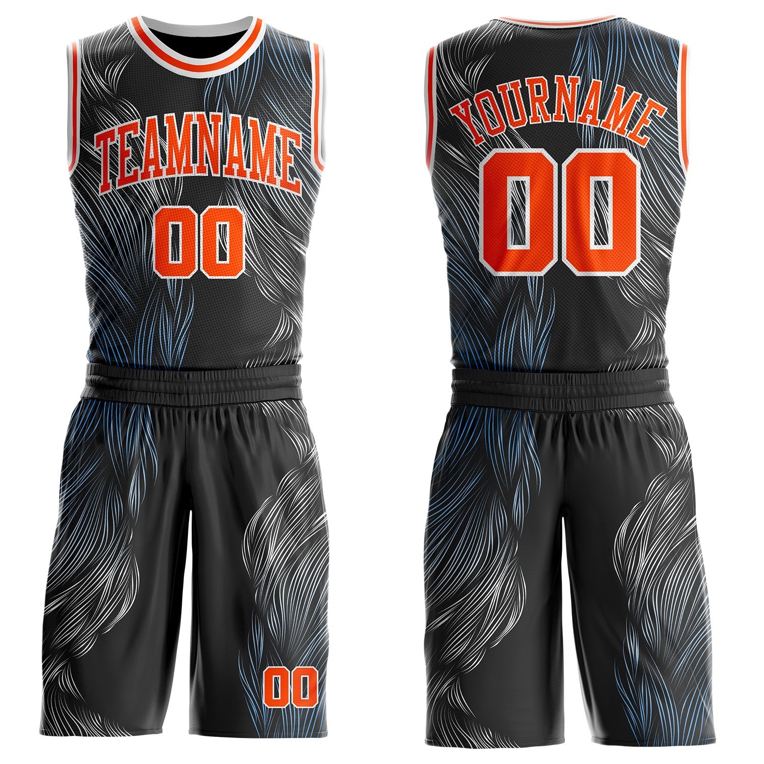 Custom Black Orange-White Abstract Feather Boho Style Round Neck Sublimation Basketball Uniform Jersey - Main View