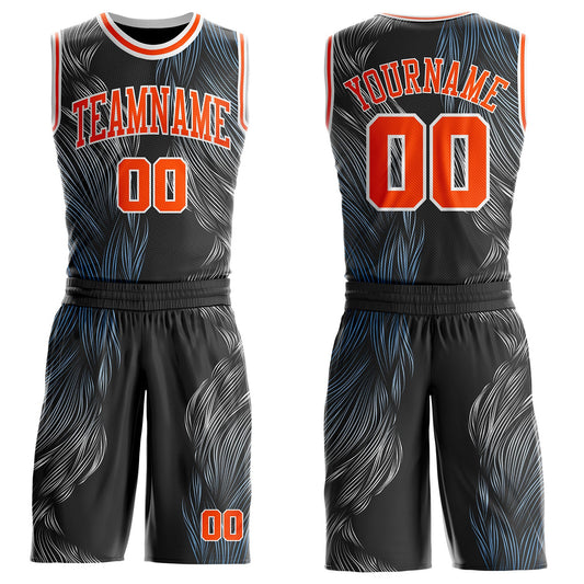 Custom Black Orange-White Abstract Feather Boho Style Round Neck Sublimation Basketball Uniform Jersey - Main View