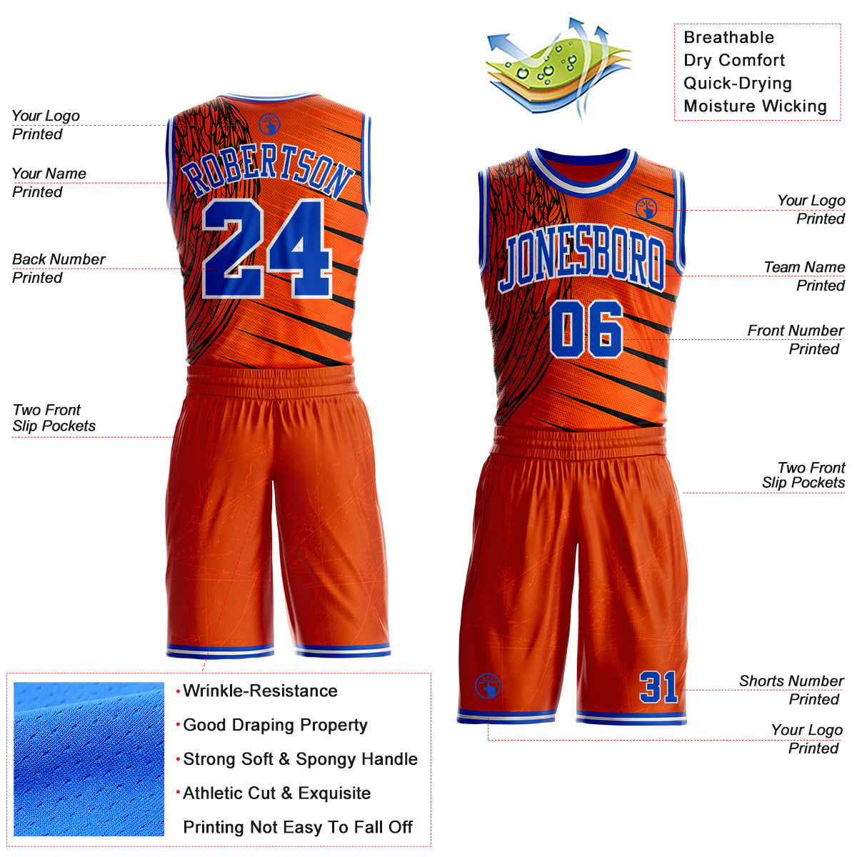 Custom Orange Thunder Blue-White Wing Stripe Boho Style Round Neck Sublimation Basketball Uniform Jersey view 2