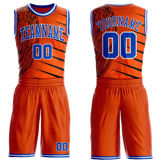 Custom Orange Thunder Blue-White Wing Stripe Boho Style Round Neck Sublimation Basketball Uniform Jersey - Main View