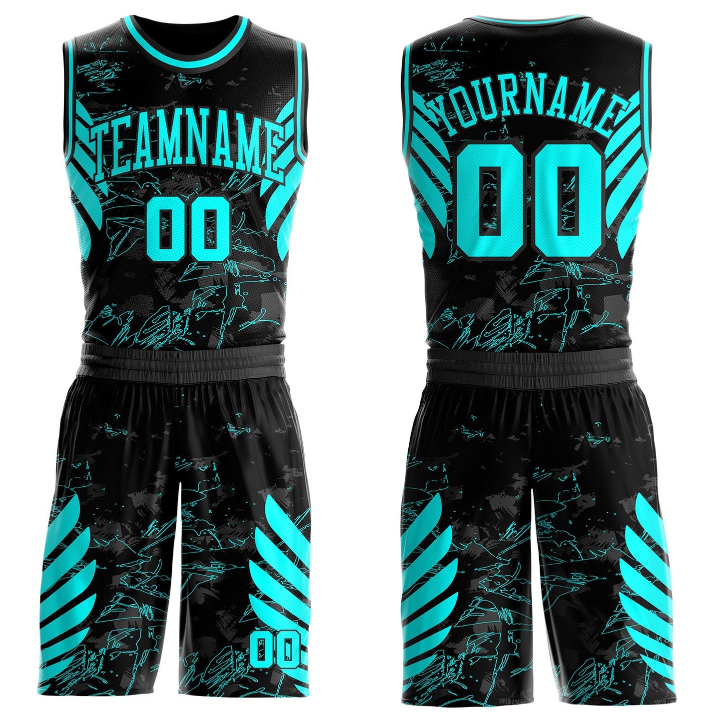 Custom Black-Blue Graffiti Wing Boho Style Round Neck Sublimation Basketball Uniform Jersey - Main View