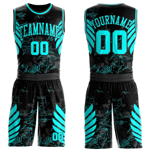 Custom Black-Blue Graffiti Wing Boho Style Round Neck Sublimation Basketball Uniform Jersey - Main View