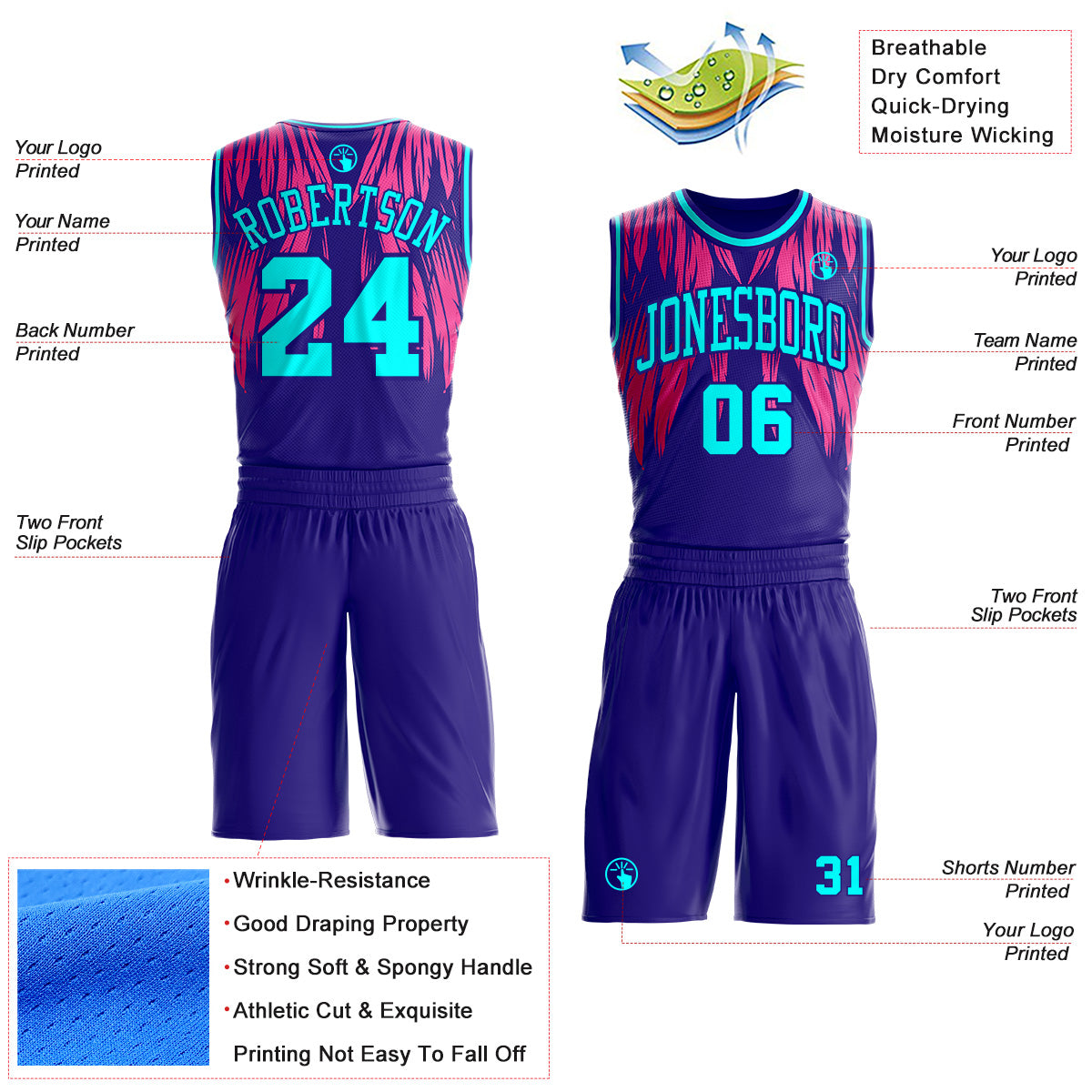 Custom Dark Purple-Blue Feather Wing Boho Style Round Neck Sublimation Basketball Uniform Jersey view 2