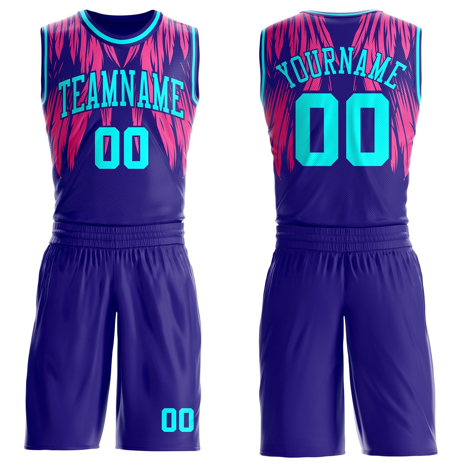Custom Dark Purple-Blue Feather Wing Boho Style Round Neck Sublimation Basketball Uniform Jersey - Main View