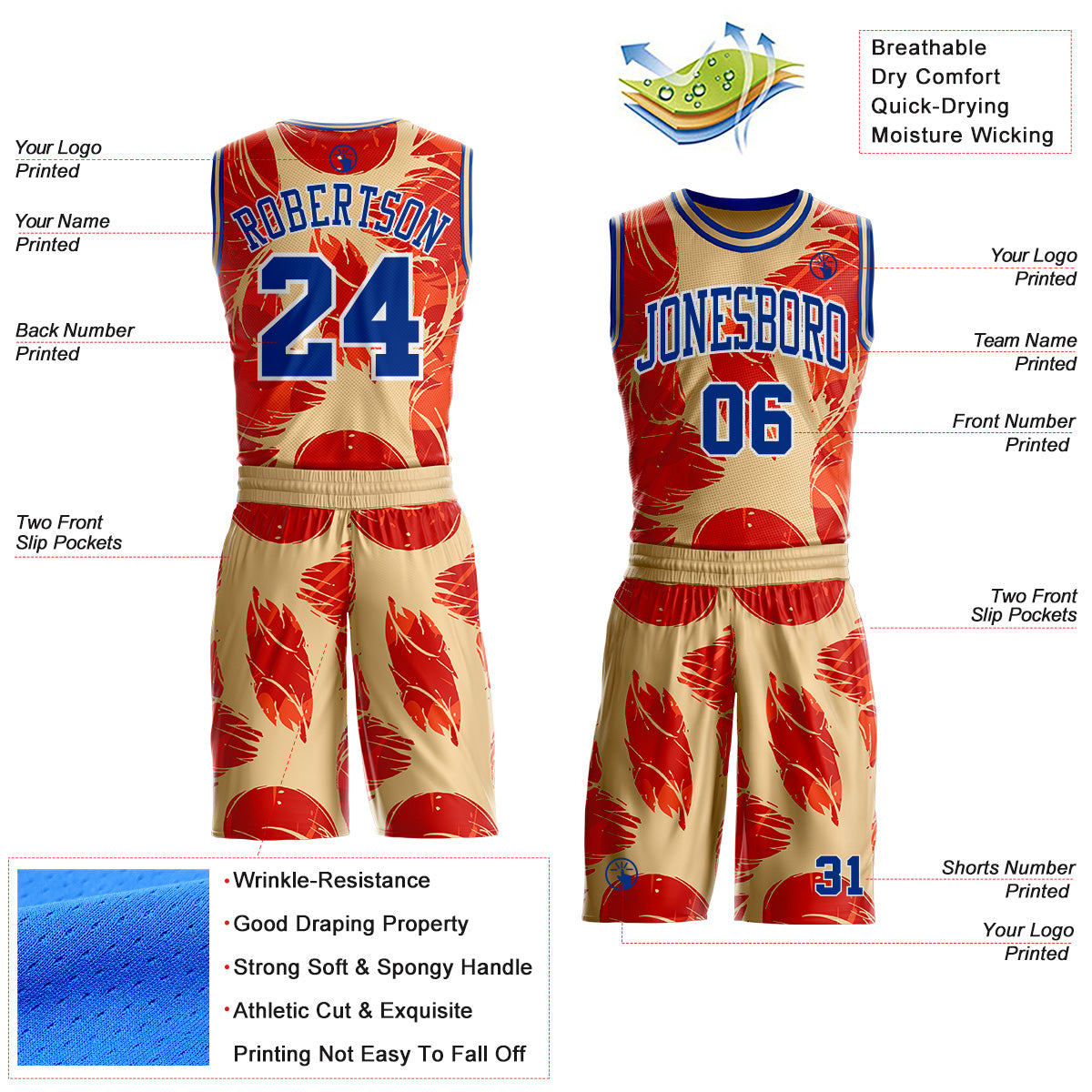 Custom Cream Royal Orange White-Yellow Feather Boho Style Round Neck Sublimation Basketball Uniform Jersey view 2