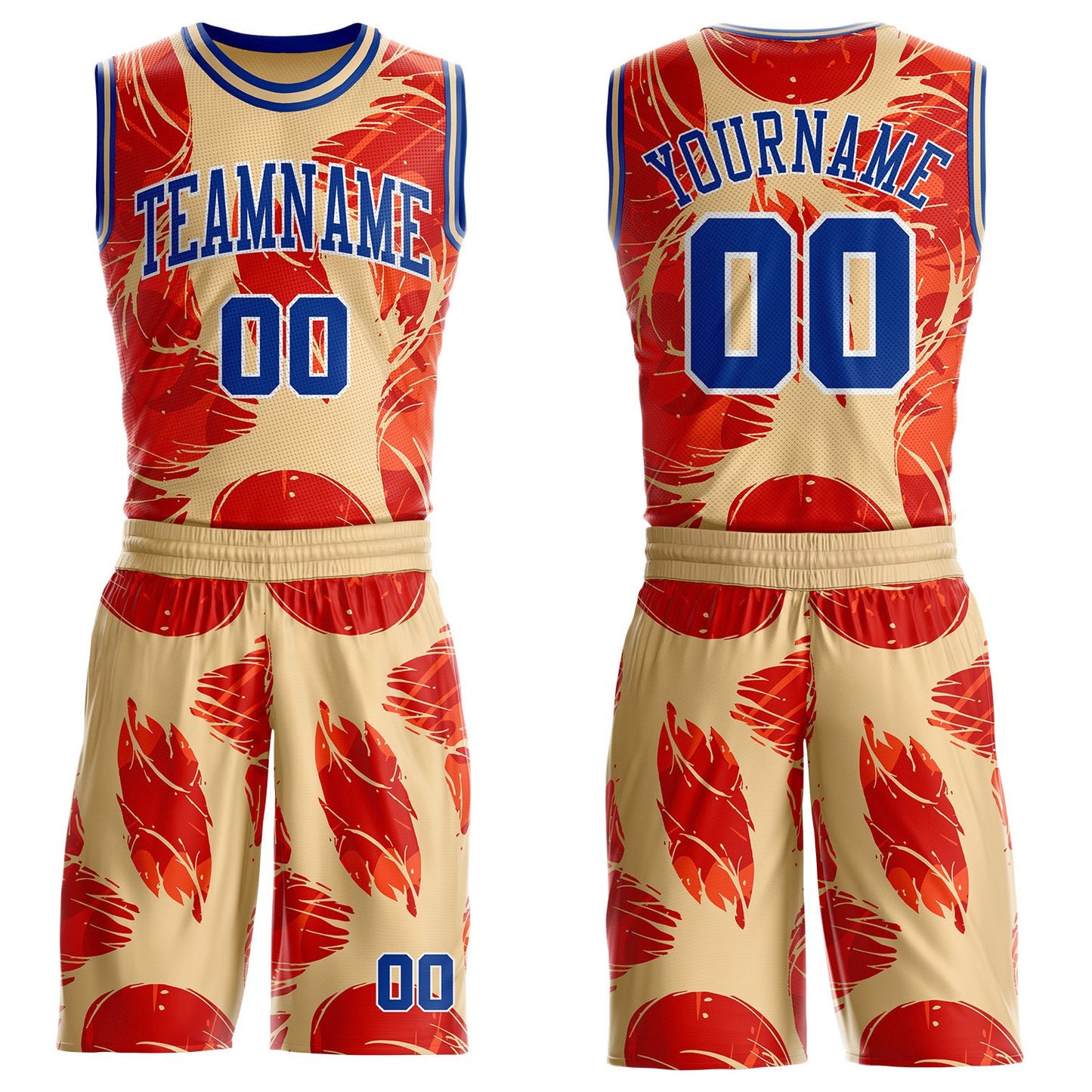 Custom Cream Royal Orange White-Yellow Feather Boho Style Round Neck Sublimation Basketball Uniform Jersey - Main View