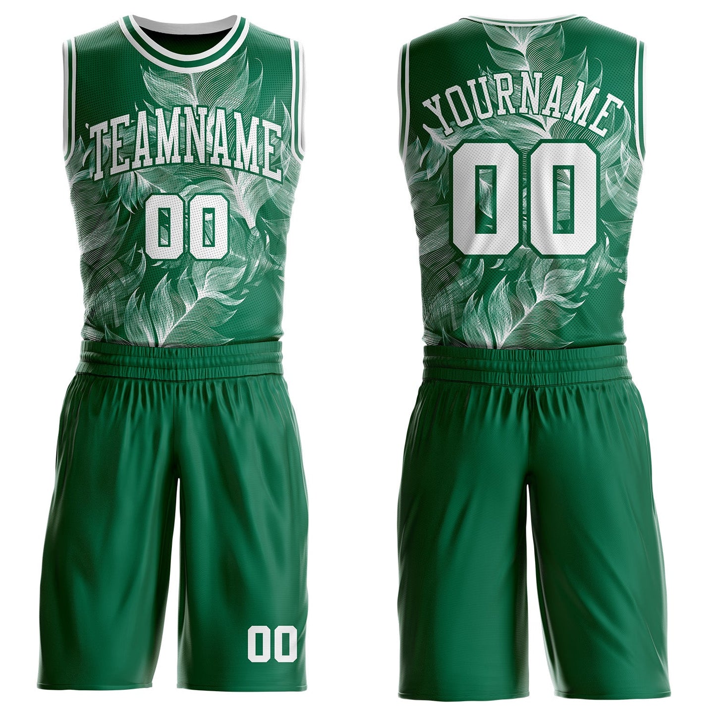 Custom Kelly Green-White Feather Wing Boho Style Round Neck Sublimation Basketball Uniform Jersey - Main View
