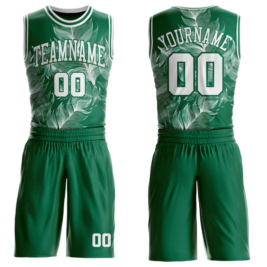 Custom Kelly Green-White Feather Wing Boho Style Round Neck Sublimation Basketball Uniform Jersey - Main View