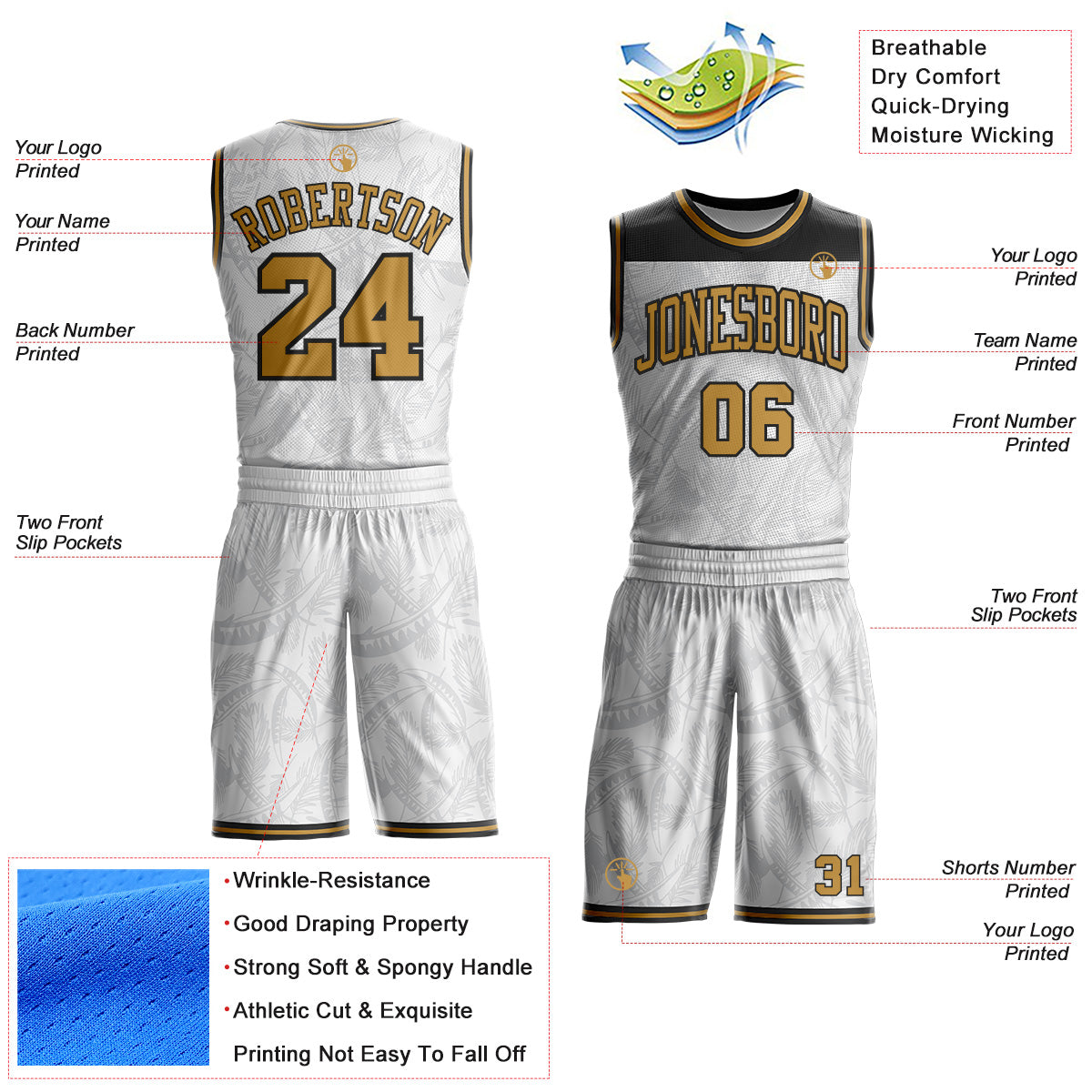 Custom White Old Gold-Black Feather Wing Boho Style Round Neck Sublimation Basketball Uniform Jersey view 2
