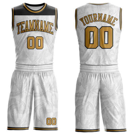 Custom White Old Gold-Black Feather Wing Boho Style Round Neck Sublimation Basketball Uniform Jersey - Main View