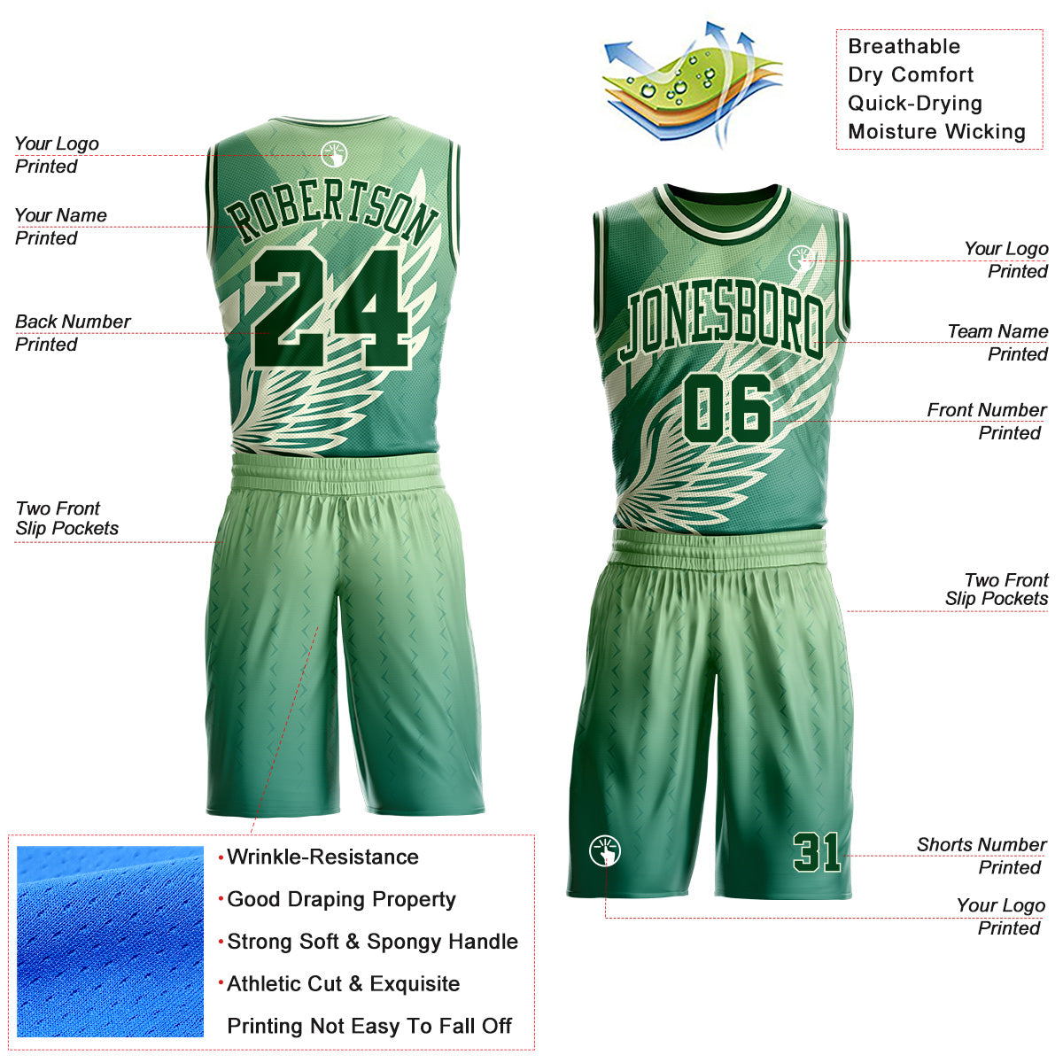 Custom Green Yellow-Cream Feather Wing Boho Style Round Neck Sublimation Basketball Uniform Jersey view 2