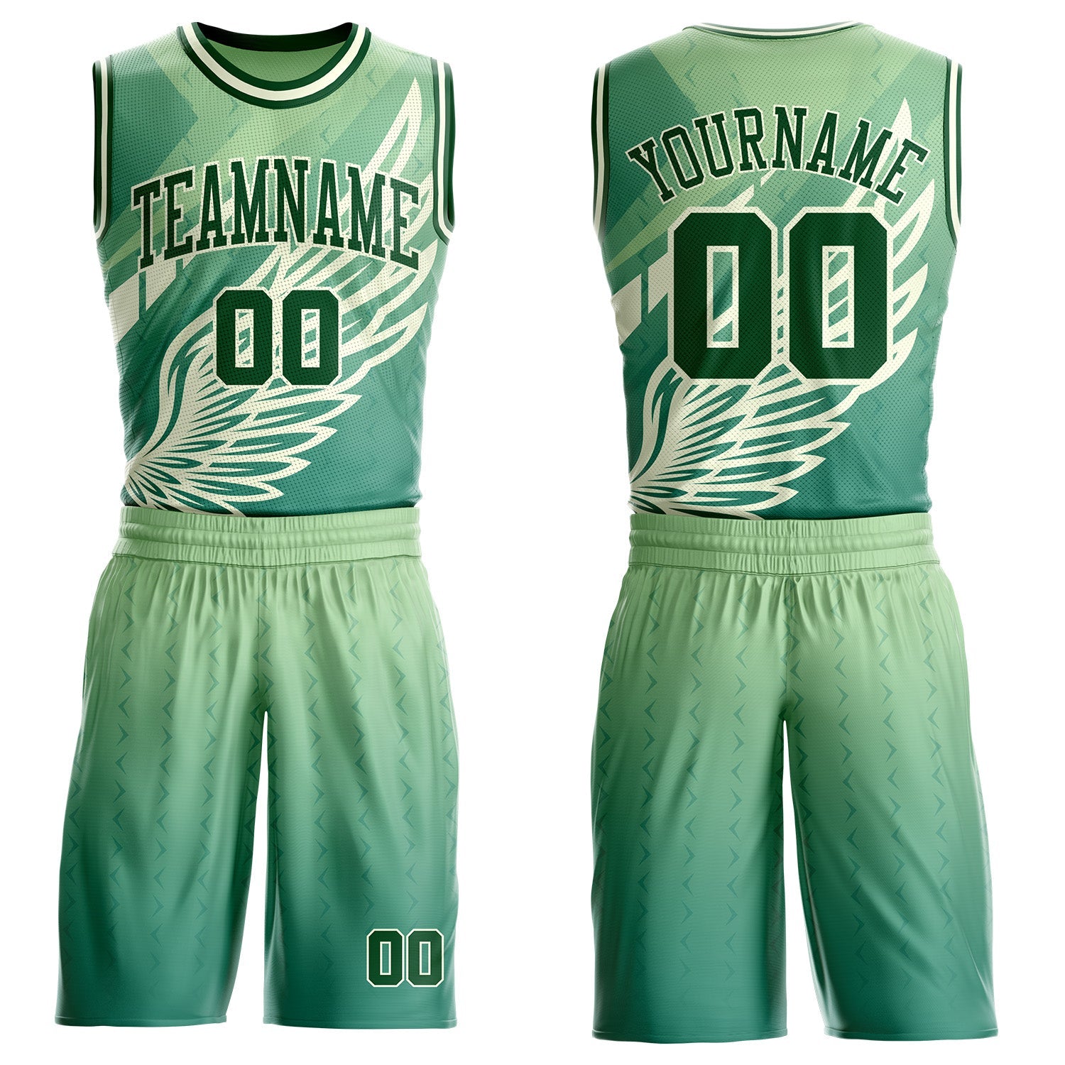 Custom Green Yellow-Cream Feather Wing Boho Style Round Neck Sublimation Basketball Uniform Jersey - Main View