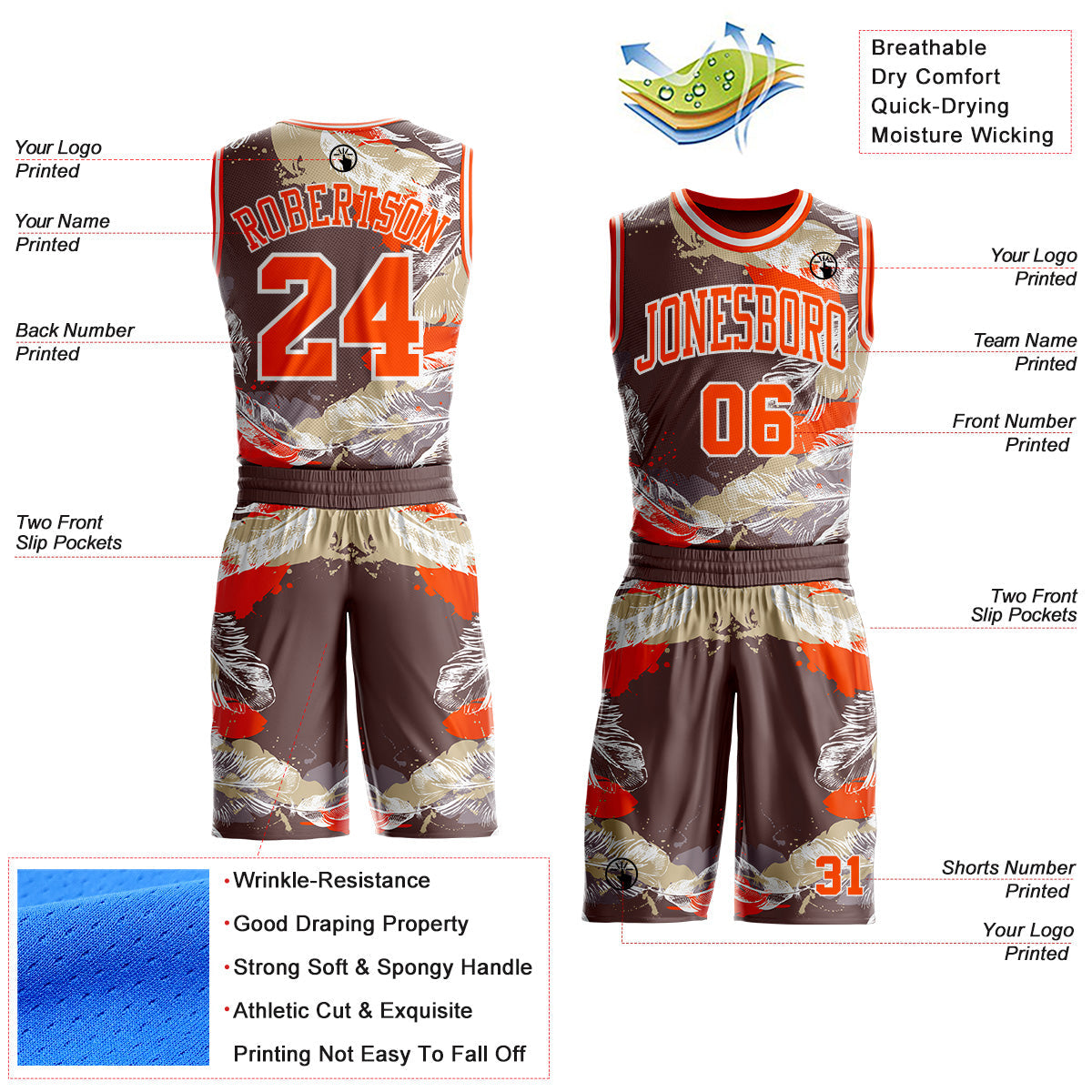 Custom Gray Orange-White Feather Wing Boho Style Round Neck Sublimation Basketball Uniform Jersey view 2