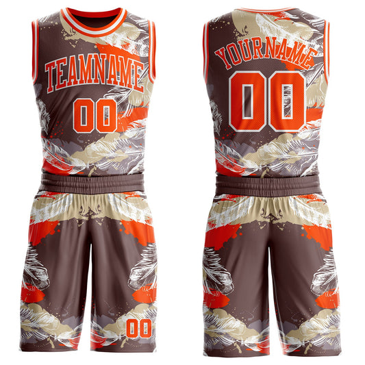 Custom Gray Orange-White Feather Wing Boho Style Round Neck Sublimation Basketball Uniform Jersey - Main View