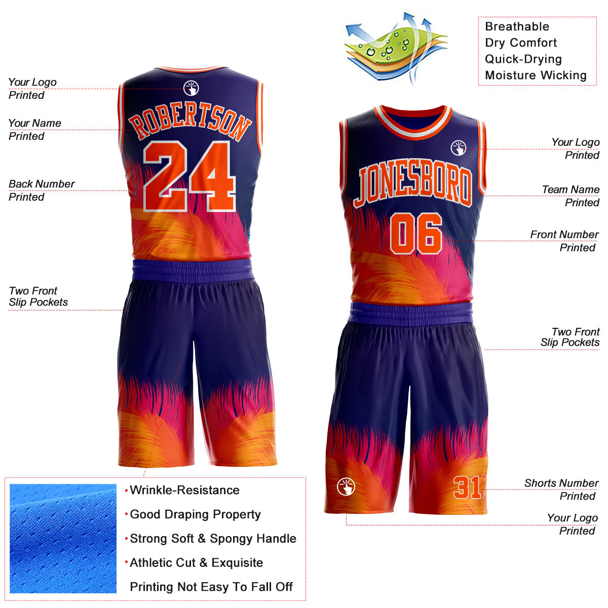 Custom Purple Orange Pink-White Feather Wing Boho Style Round Neck Sublimation Basketball Uniform Jersey view 2