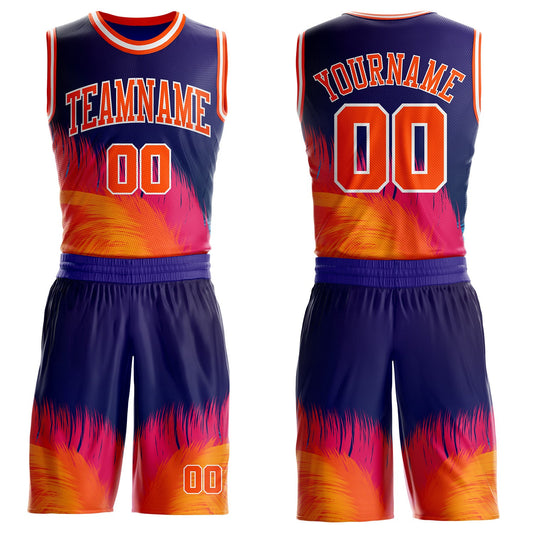 Custom Purple Orange Pink-White Feather Wing Boho Style Round Neck Sublimation Basketball Uniform Jersey - Main View