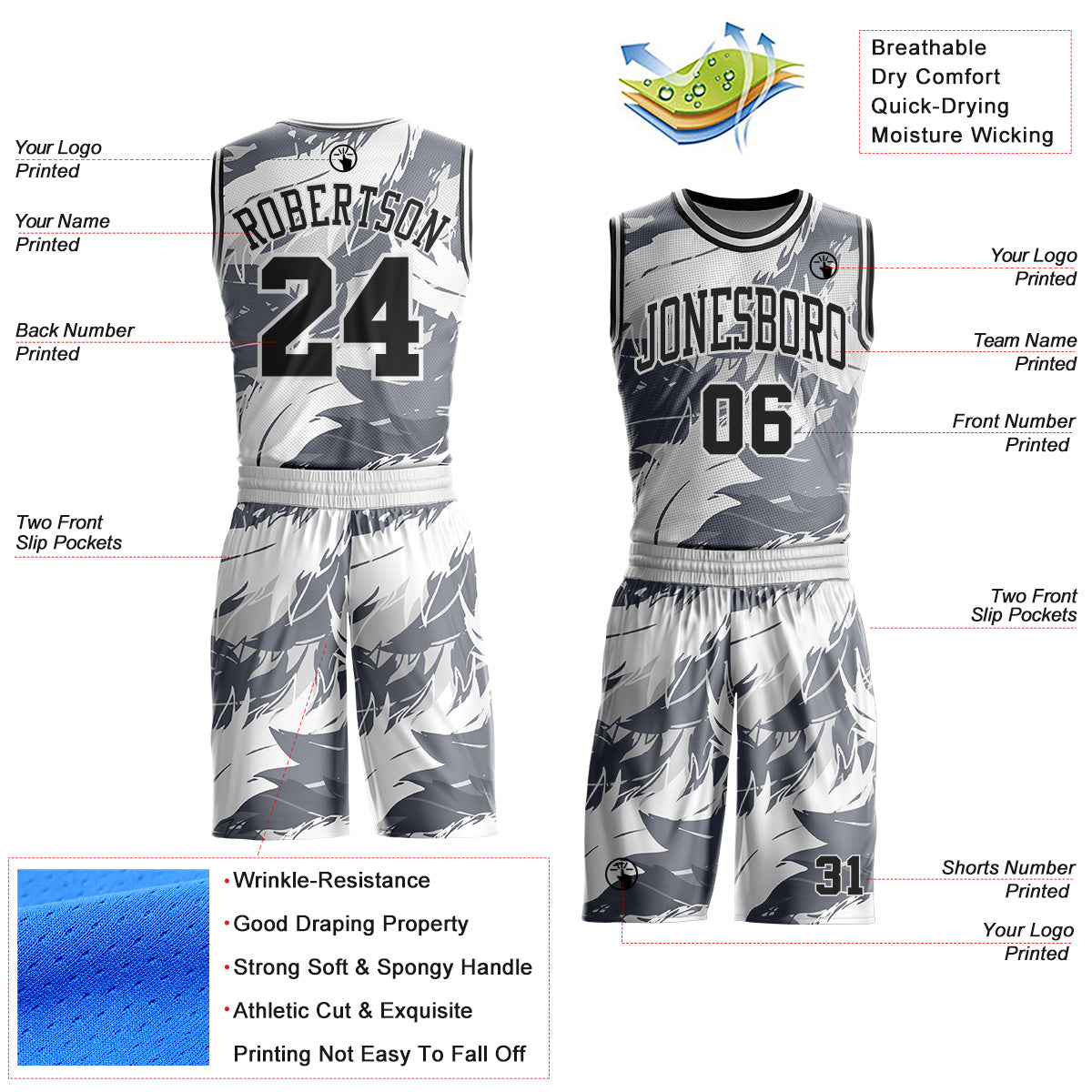 Custom White Black-Gray Feather Wing Boho Style Round Neck Sublimation Basketball Uniform Jersey view 2