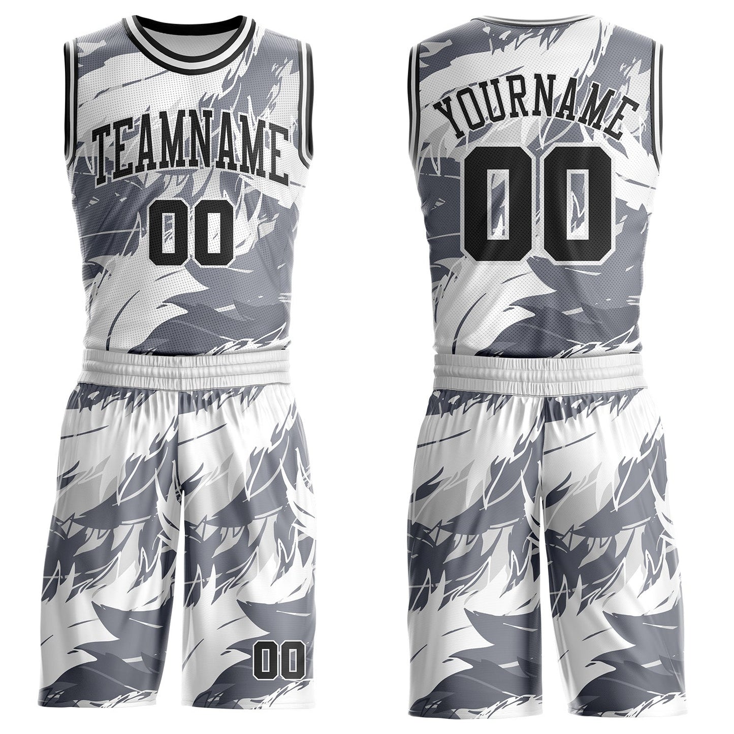 Custom White Black-Gray Feather Wing Boho Style Round Neck Sublimation Basketball Uniform Jersey - Main View