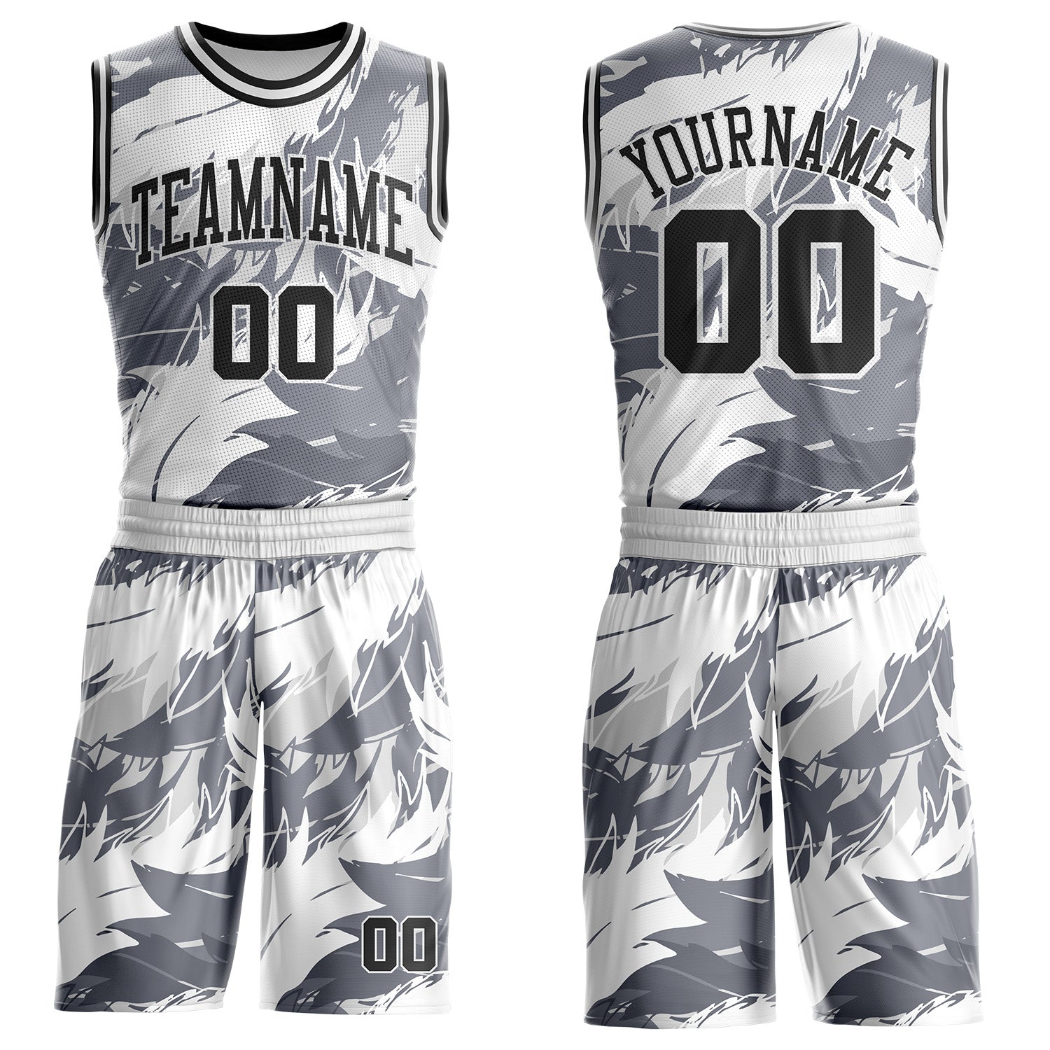 Custom White Black-Gray Feather Wing Boho Style Round Neck Sublimation Basketball Uniform Jersey - Main View