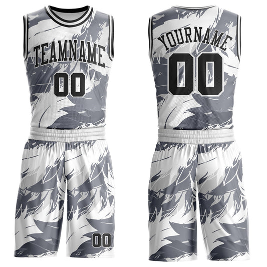 Custom White Black-Gray Feather Wing Boho Style Round Neck Sublimation Basketball Uniform Jersey - Main View