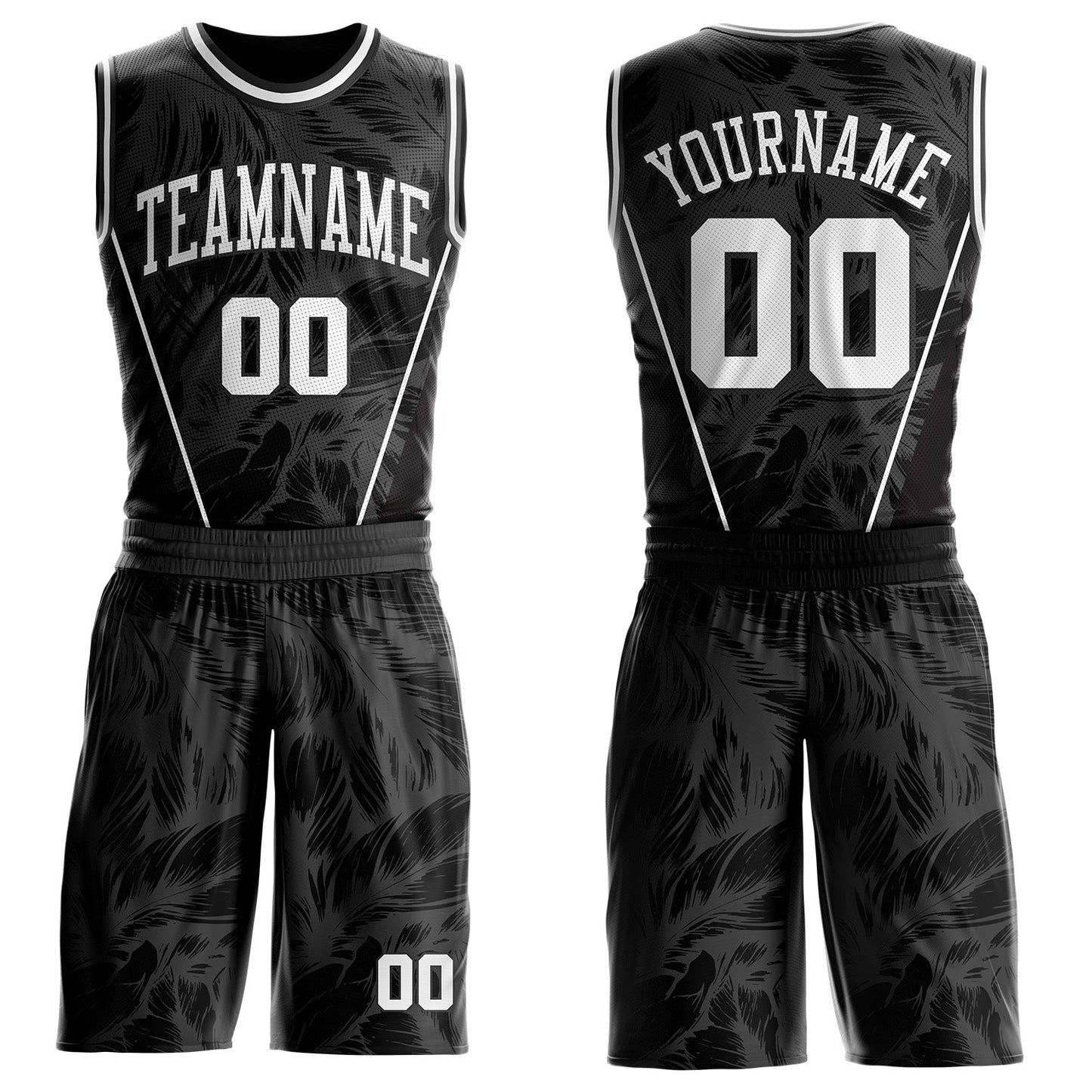 Custom Black-White Feather Wing Boho Style Round Neck Sublimation Basketball Uniform Jersey - Main View