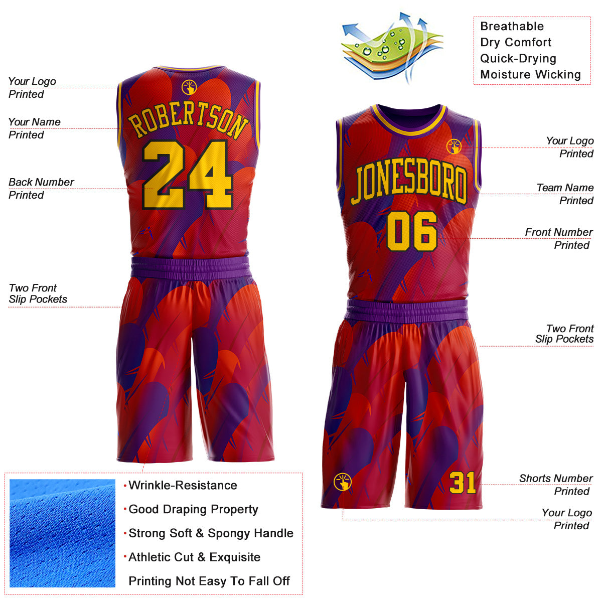 Custom Purple Yellow Red-Black Feather Wing Boho Style Round Neck Sublimation Basketball Uniform Jersey view 2