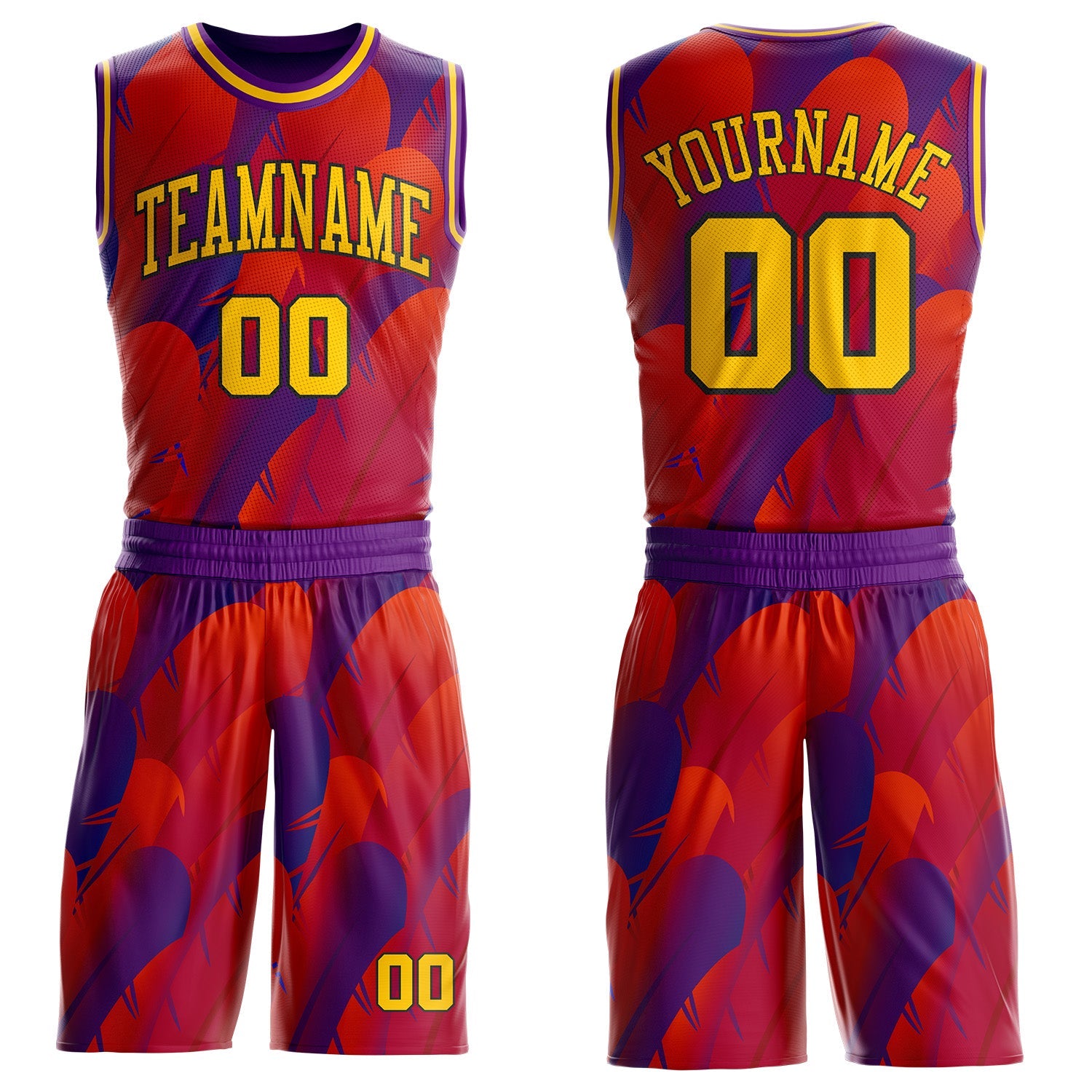 Custom Purple Yellow Red-Black Feather Wing Boho Style Round Neck Sublimation Basketball Uniform Jersey - Main View