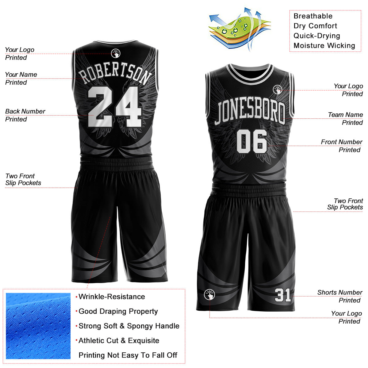 Custom Black-White Feather Wing Boho Style Round Neck Sublimation Basketball Uniform Jersey view 2