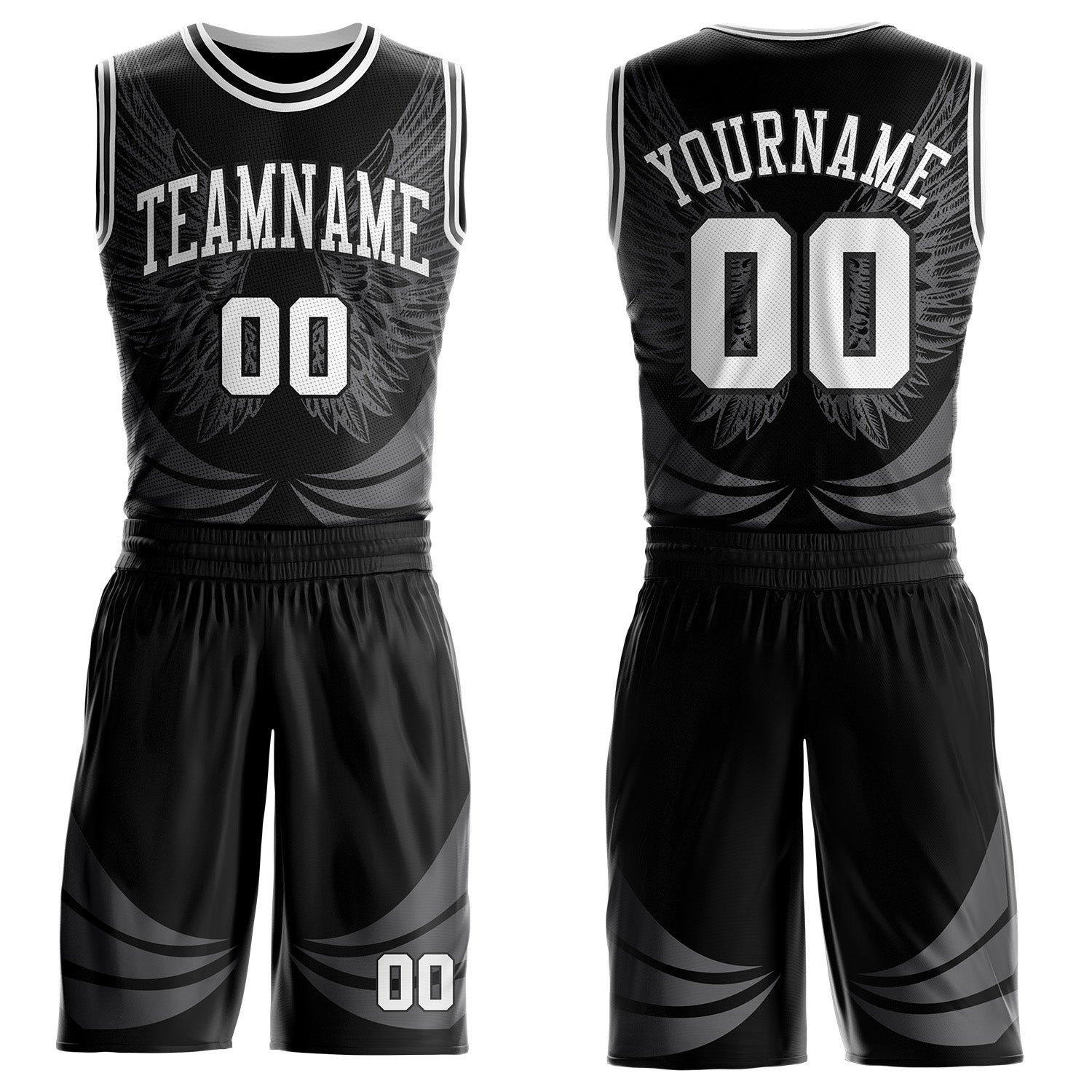 Custom Black-White Feather Wing Boho Style Round Neck Sublimation Basketball Uniform Jersey - Main View