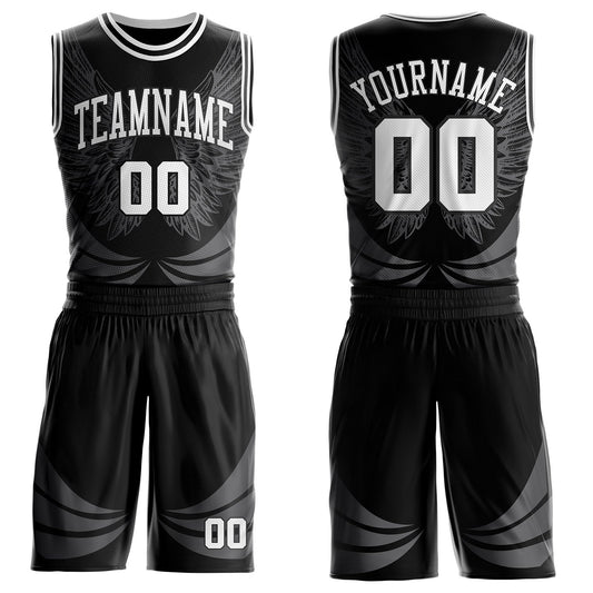 Custom Black-White Feather Wing Boho Style Round Neck Sublimation Basketball Uniform Jersey - Main View