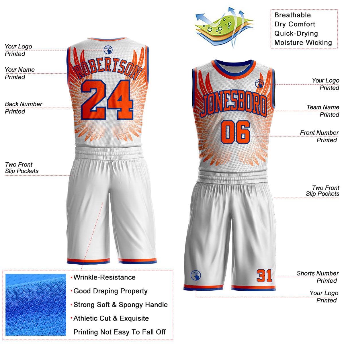 Custom White Orange-Royal Feather Wing Boho Style Round Neck Sublimation Basketball Uniform Jersey view 2