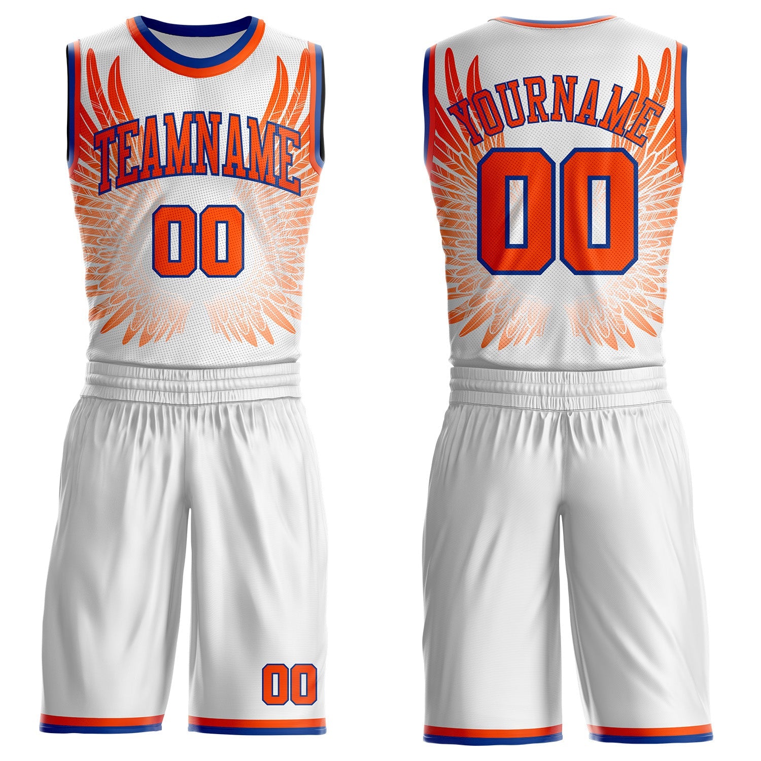 Custom White Orange-Royal Feather Wing Boho Style Round Neck Sublimation Basketball Uniform Jersey - Main View