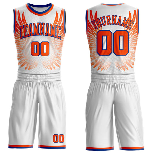 Custom White Orange-Royal Feather Wing Boho Style Round Neck Sublimation Basketball Uniform Jersey - Main View