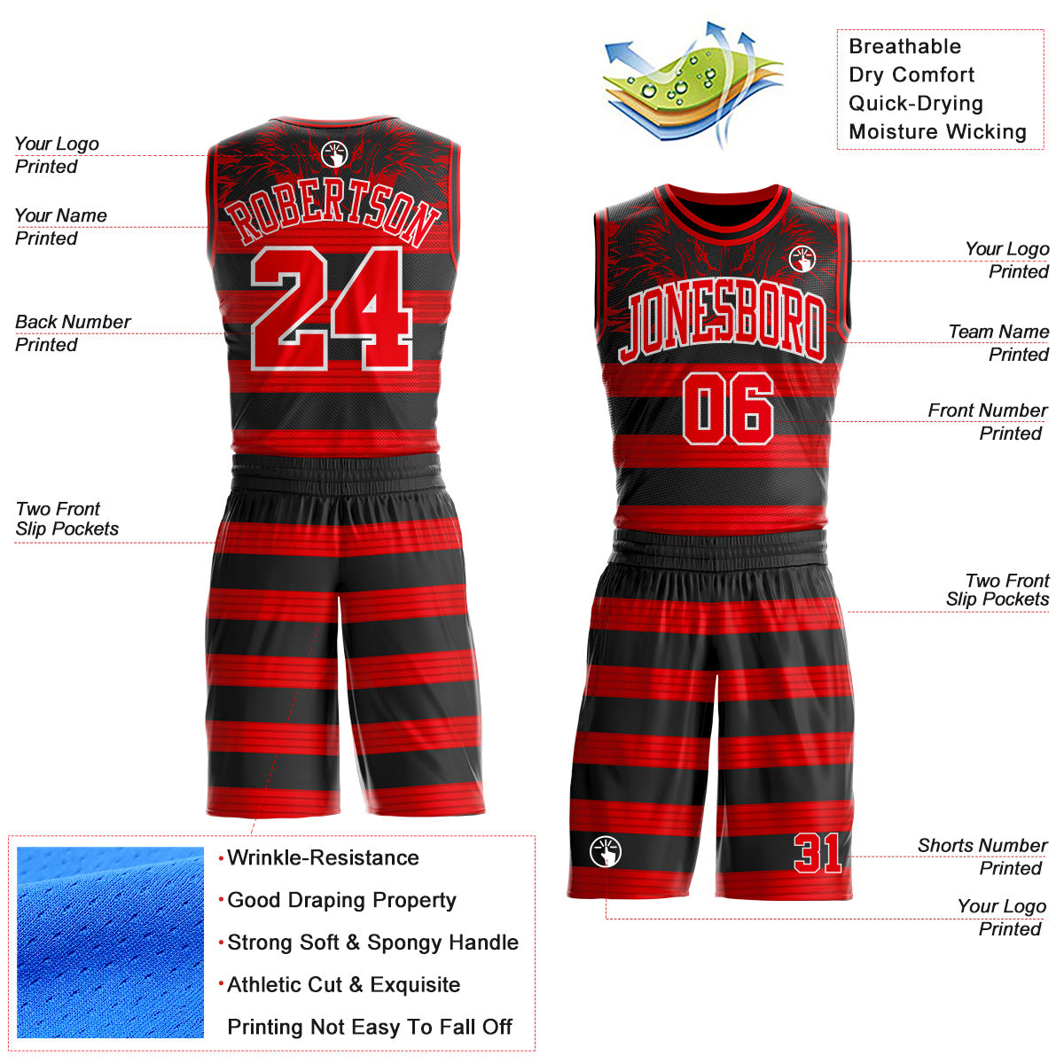 Custom Black Fire Red-White Wing Stripe Boho Style Round Neck Sublimation Basketball Uniform Jersey view 2