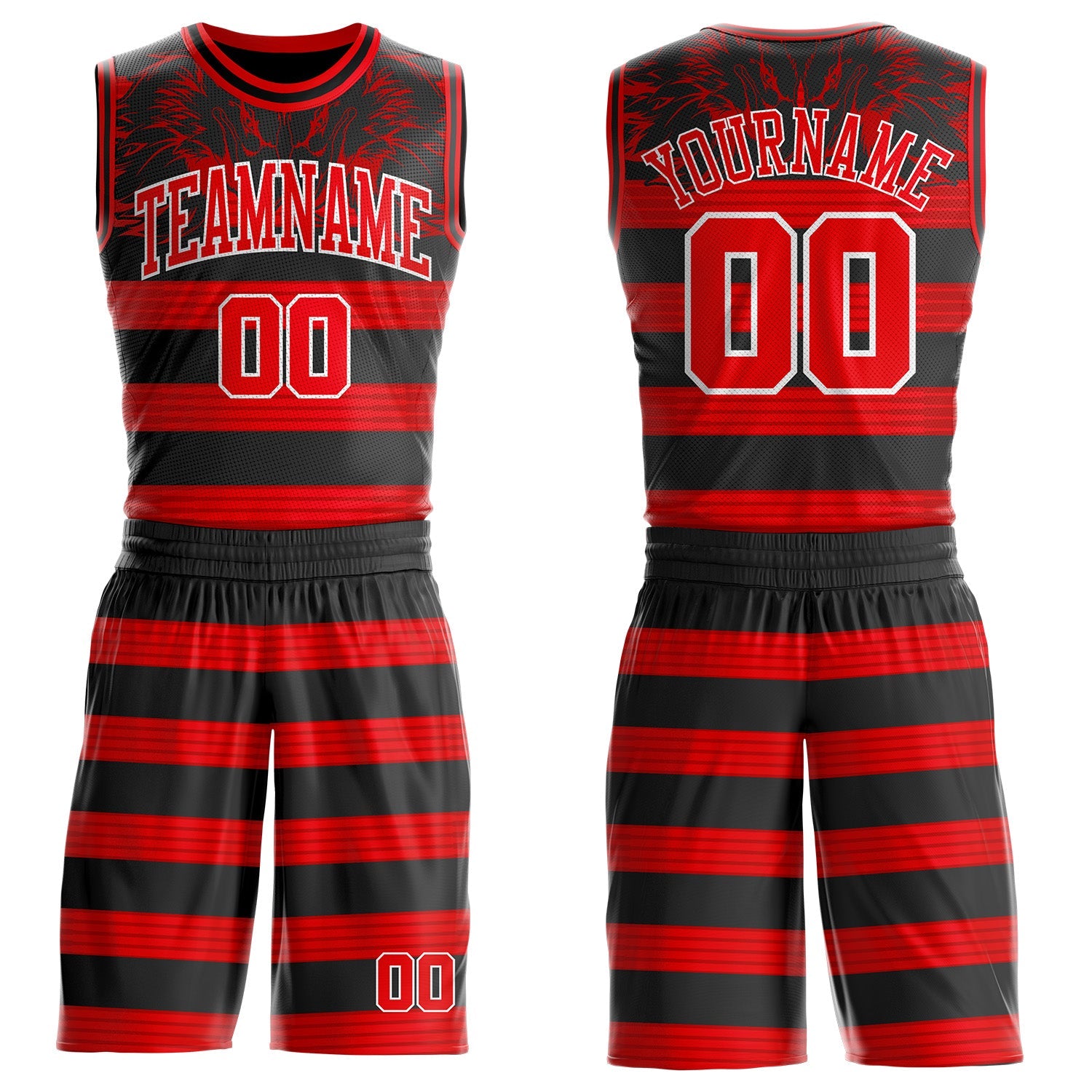 Custom Black Fire Red-White Wing Stripe Boho Style Round Neck Sublimation Basketball Uniform Jersey - Main View