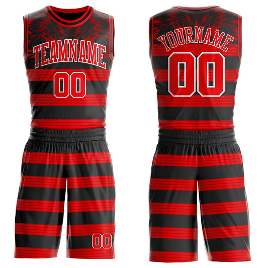 Custom Black Fire Red-White Wing Stripe Boho Style Round Neck Sublimation Basketball Uniform Jersey - Main View